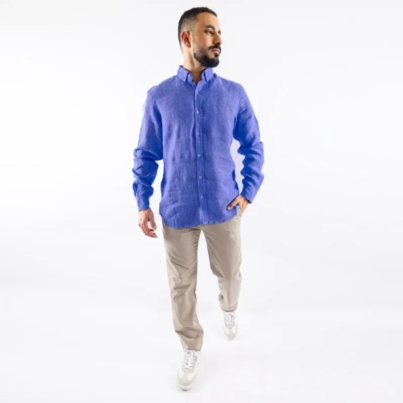 Men's Long Sleeve Shirt - Linen Modern Fit - Denim Blue