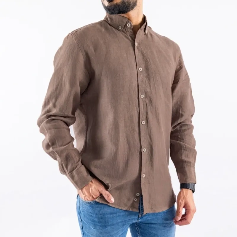 Men's Long Sleeve Shirt - Linen Modern Fit - Brown
