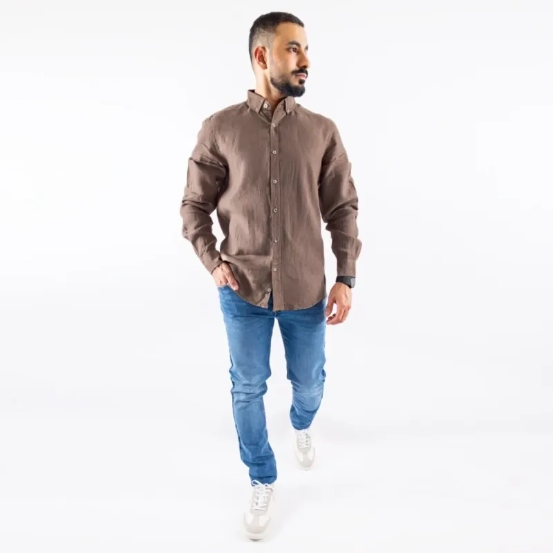 Men's Long Sleeve Shirt - Linen Modern Fit - Brown