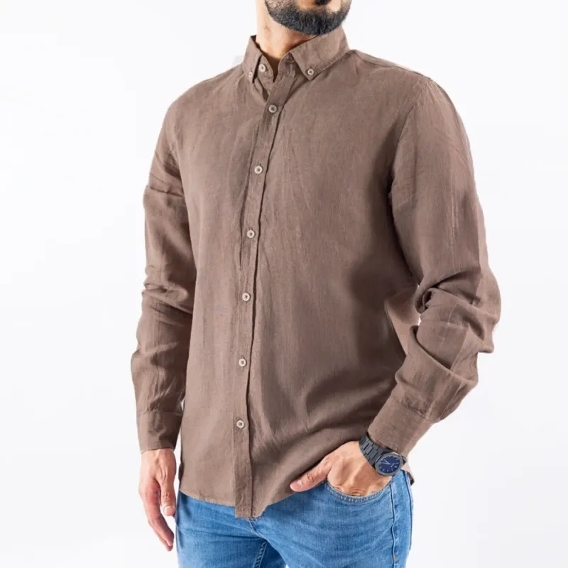 Men's Long Sleeve Shirt - Linen Modern Fit - Brown