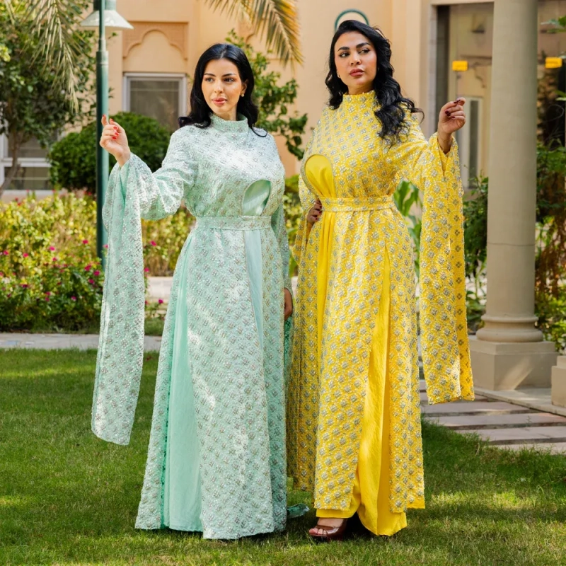 دراعة كويتي أنيق للنساء، بقصة عادية، مغلق من الأمام، مطرز ومزين بالخرز، مناسب للمناسبات الرسمية
