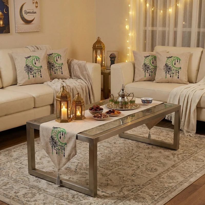 Emerald Crescent Textile Set &ndash;- Green. A striking blend of lush color and refined fabric artistry
