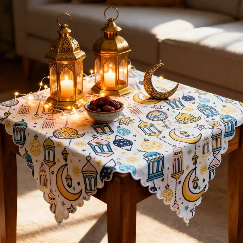 Colorful Ramadan Table Cover &ndash; White -A vibrant tapestry of festive joy and cultural artistry