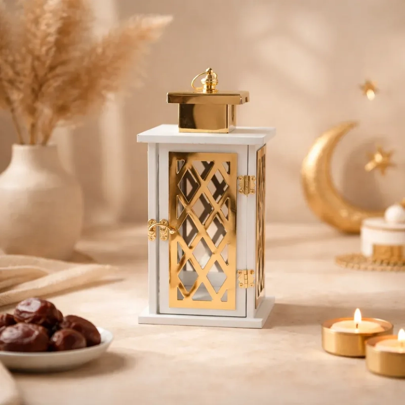 Lantern with Domed Top &ndash; White &amp; Gold -A graceful beacon of traditional artistry and modern elegance