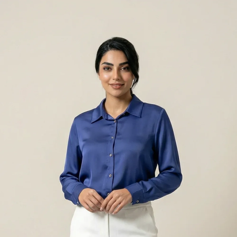 قميص نسائي من الساتان بأزرار أمامية - ملابس يومية فاخرة - قصة واسعة عصرية