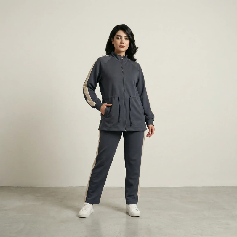 Women&rsquo;s Two-Piece Athletic Set &ndash; Side-Stripe Zip-Up Jacket and Matching Joggers &ndash; Casual Activewear- Grey
