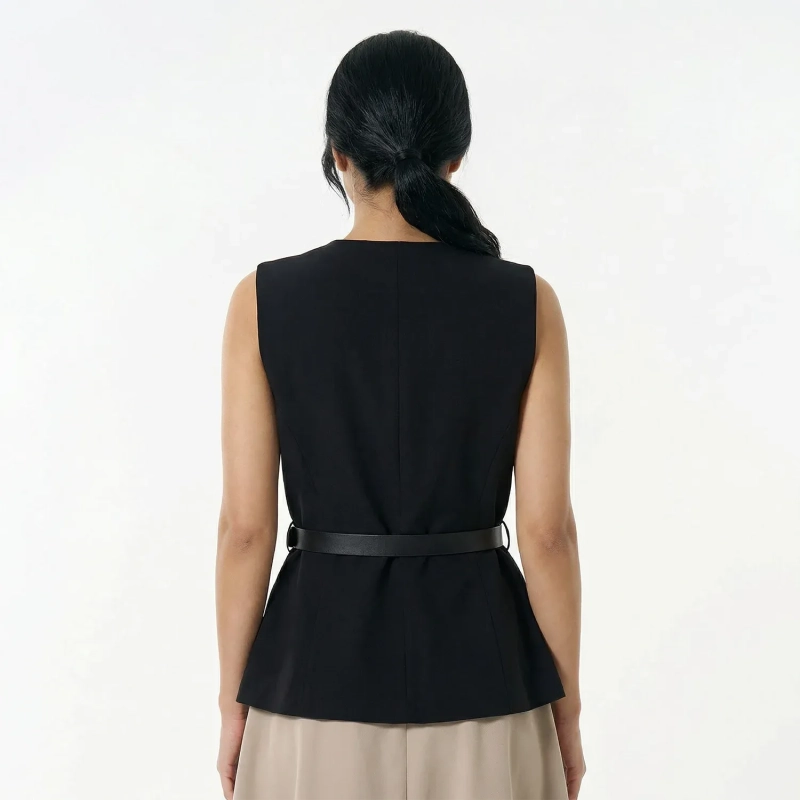 Women&rsquo;s Sleeveless Vest Top With Waist Belt And Front Buttons &ndash; Elegant Smart-Casual Look