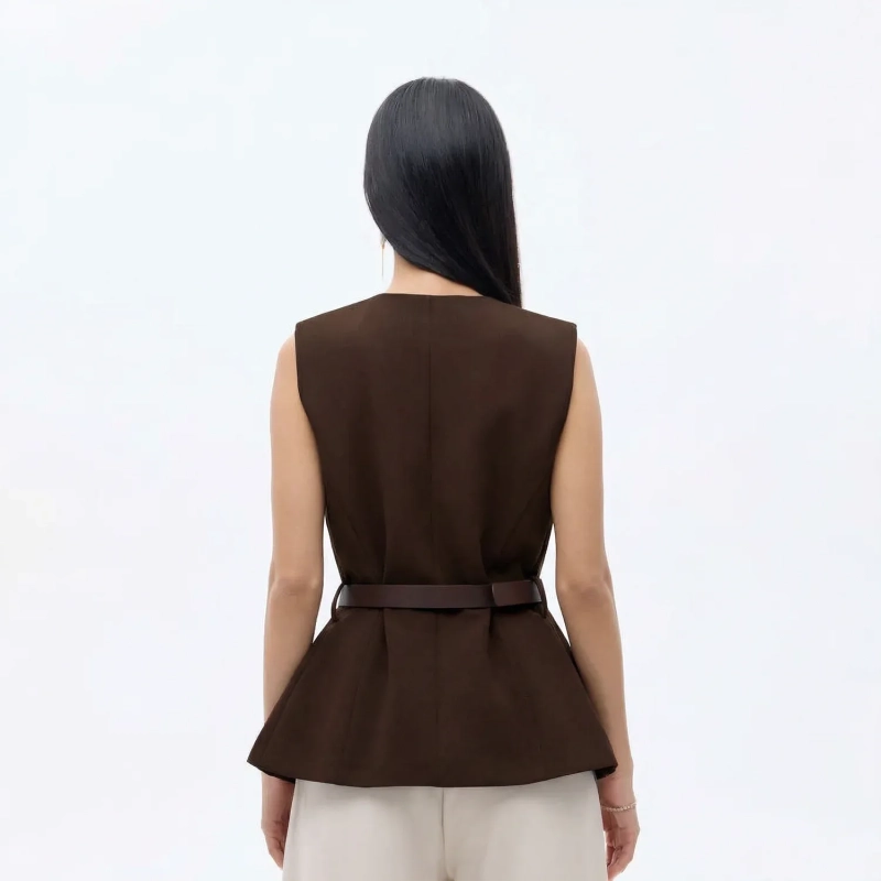 Women&rsquo;s Sleeveless Vest Top With Waist Belt And Front Buttons &ndash; Elegant Smart-Casual Look
