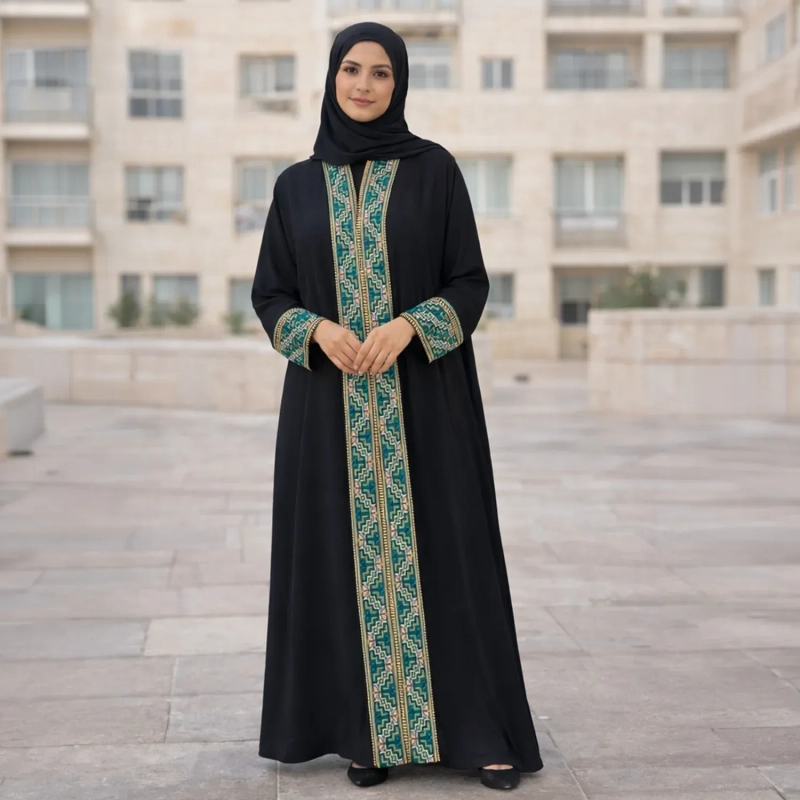 Intricate Geometric Tatreez Embroidered Closed Abaya with Emerald Green &amp; Gold Details - Premium Crepe Fabric with Matching Sheila - Black