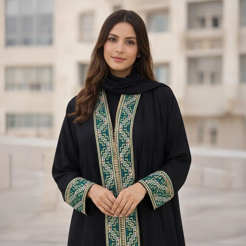 Intricate Geometric Tatreez Embroidered Closed Abaya with Emerald Green &amp; Gold Details - Premium Crepe Fabric with Matching Sheila - Black