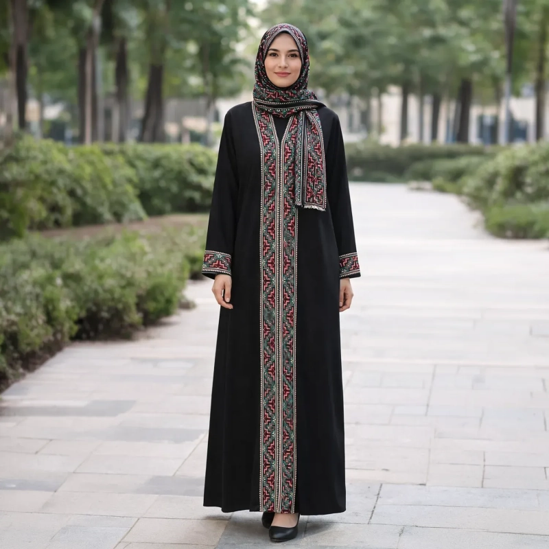 Intricate Geometric Tatreez Embroidered Closed Abaya with Heritage Red &amp; Teal Green Details - Premium Crepe Fabric with Matching Sheila - Black
