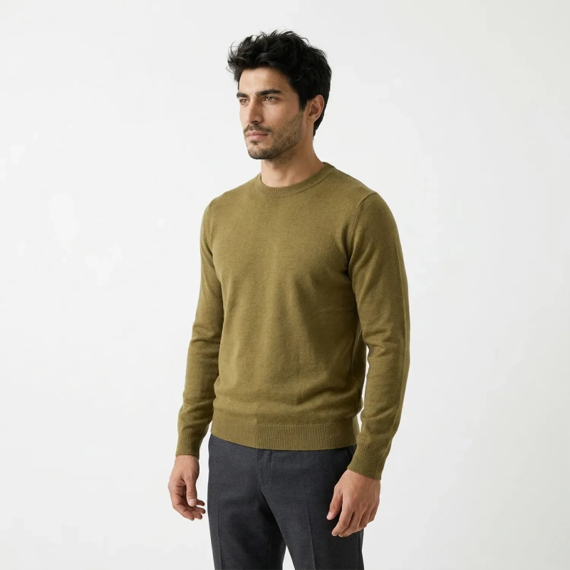 Men's Crew Neck Sweater - Classic Fit Knit Pullover with Ribbed Cuffs and Hem - Soft Lightweight Layer for Fall and Winter - Olive Green