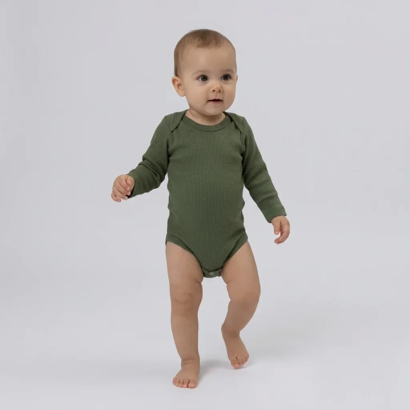 Baby 2-Piece Bodysuit Set &ndash; Long Sleeve Cotton One-Piece with Snap Closures, Soft Ribbed Stretch Fabric for Infants &ndash; Military Green