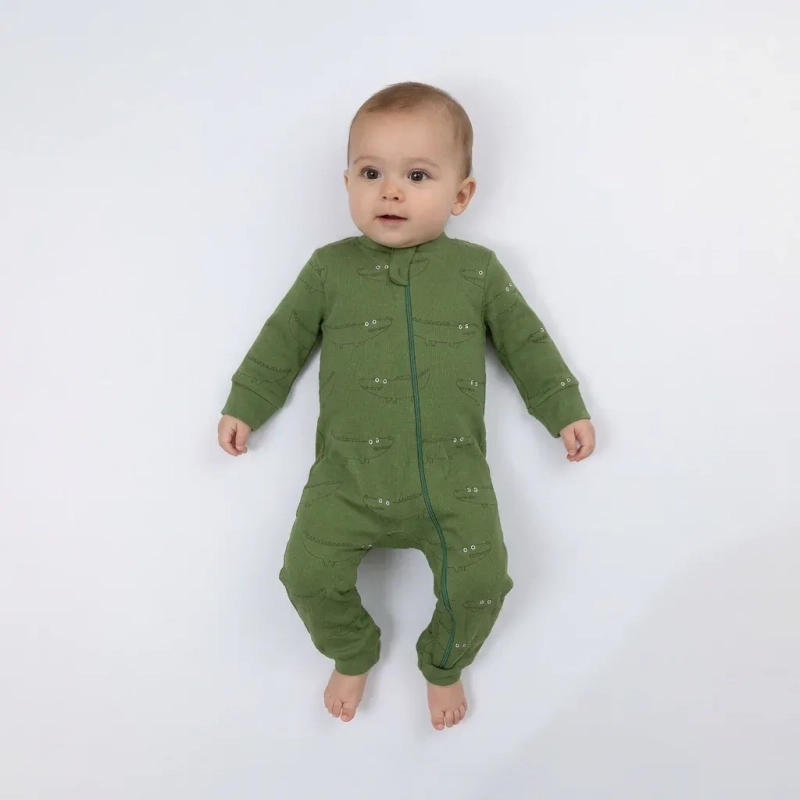Baby Crocodile Romper &ndash; 100% Cotton Suedine One-Piece Bodysuit with Snap Closures, Soft &amp; Breathable &ndash; Green