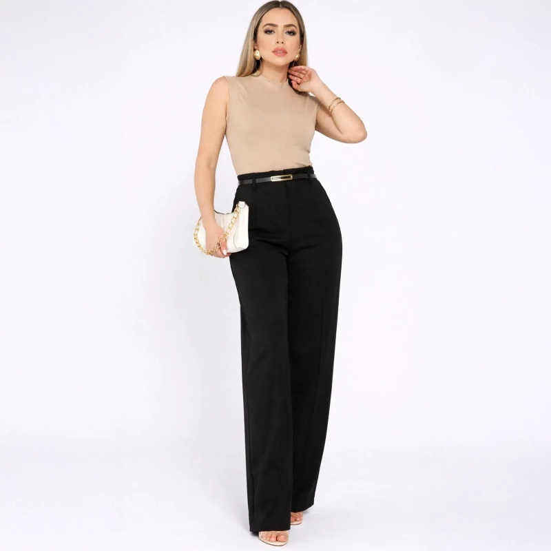 Women&rsquo;s High-Waist Tailored Pants with Belt- Bravvi Classic Straight-Leg Trousers - Structured Office to Casual Wear