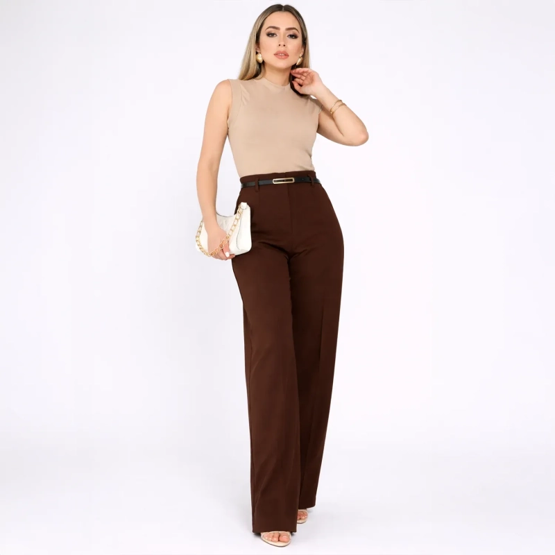 Women&rsquo;s High-Waist Tailored Pants with Belt- Bravvi Classic Straight-Leg Trousers - Structured Office to Casual Wear