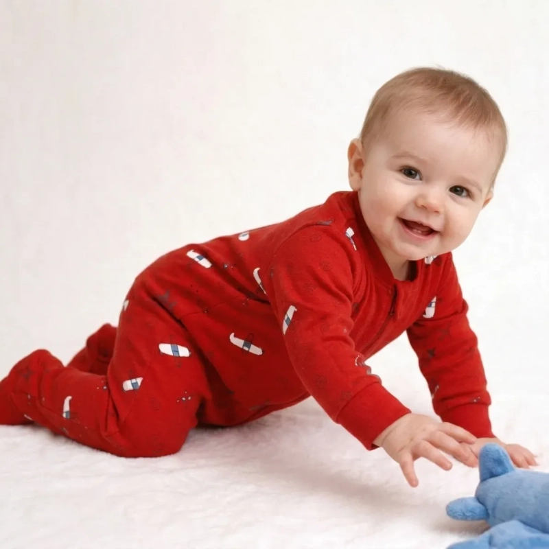 Baby Romper Unisex &ndash; Cotton One-Piece with Airplane Print, Soft Crewneck Bodysuit with Snap Closure for Infants &ndash; Red