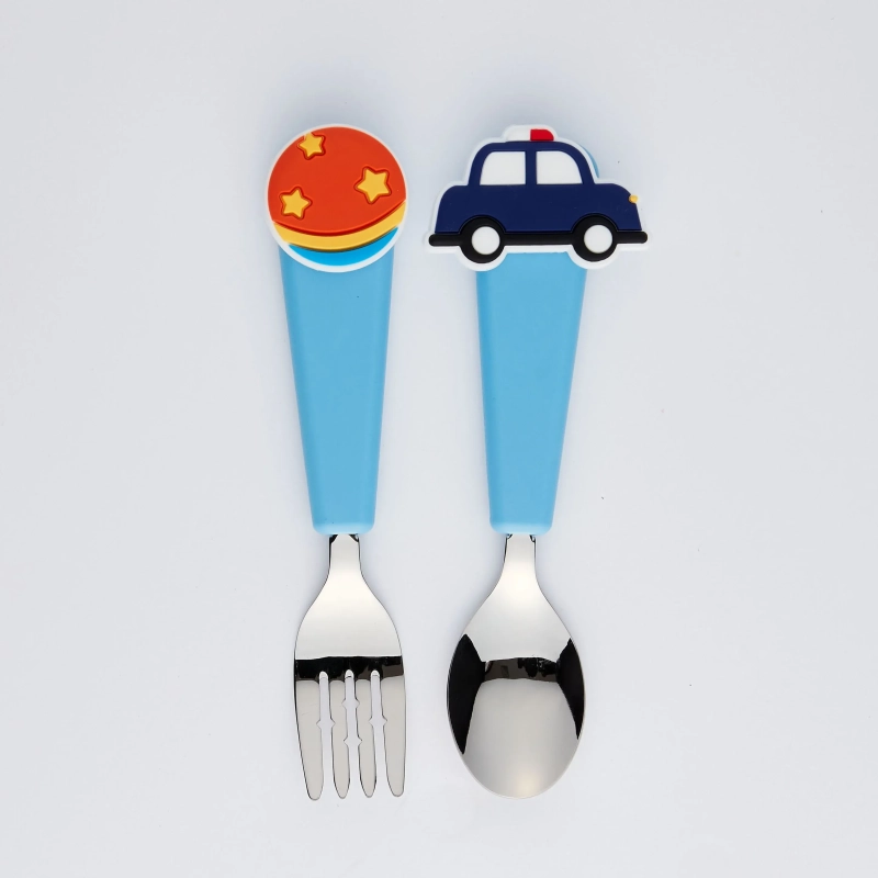 Flex &amp; Lock FlexWarez Kids Ergonomic Utensil Set (Blue) &ndash; Self-Feeding Stainless Steel Spoon and Fork for Toddlers, Customizable Silicone Handles