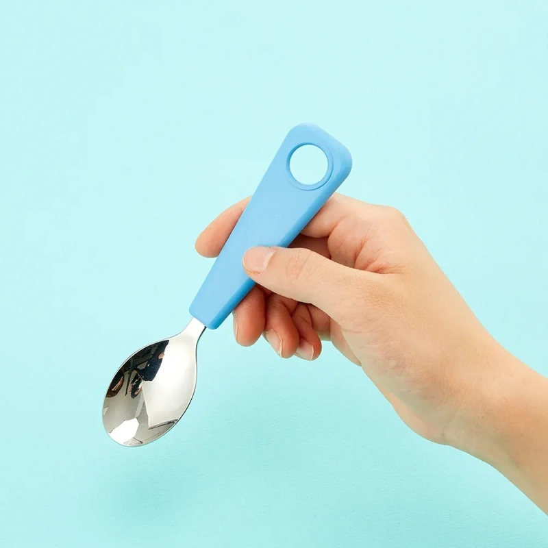 Flex &amp; Lock FlexWarez Kids Ergonomic Utensil Set (Blue) &ndash; Self-Feeding Stainless Steel Spoon and Fork for Toddlers, Customizable Silicone Handles
