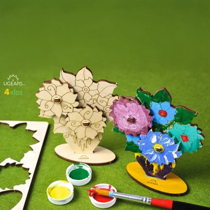 Creative Wooden Colouring Bouquet Model &ndash; Interactive Mechanical DIY Kit for Young Artists