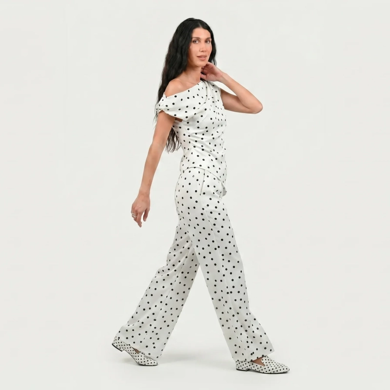The Polka Muse White Trousers - Wide-Leg - Timeless Polka-Dot