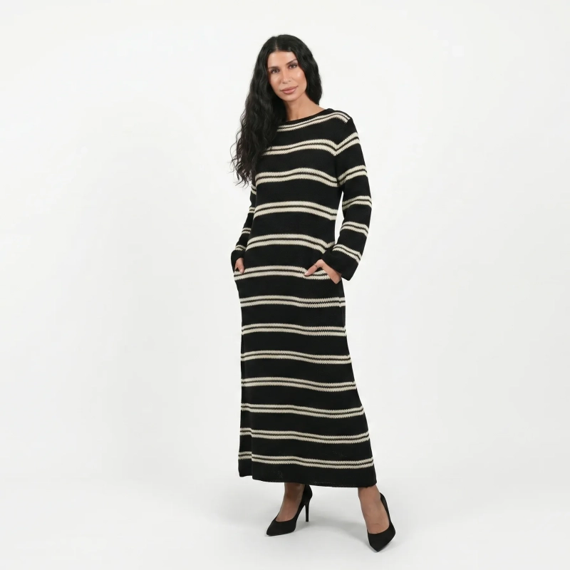 The Santorini Black Dress - Backless Knit Maxi - Aegean Striped
