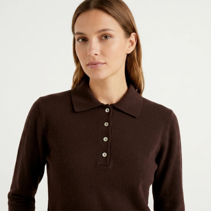 The Padded Sculpt Polo Shirt - Padded Shoulders &amp; Long Sleeves - Brown