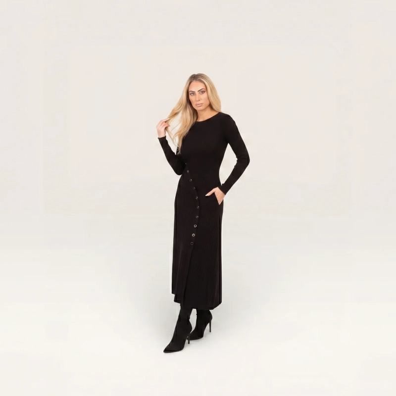 The Nyra Dress - Ribbed Knit with Button Detail - Black