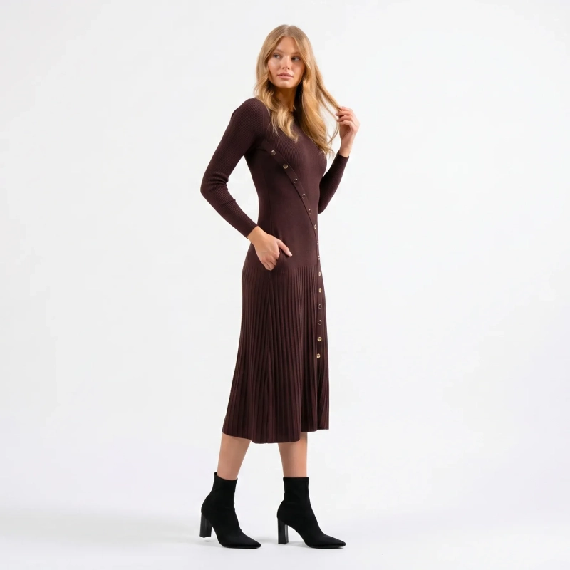 The Nyra Dress - Ribbed Knit with Button Detail - Brown