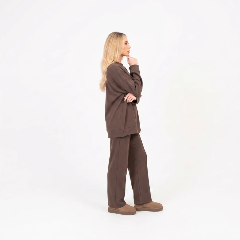 The Cacao Cloud Set - Long-Sleeve Top &amp; Straight-Leg Pants - Brown