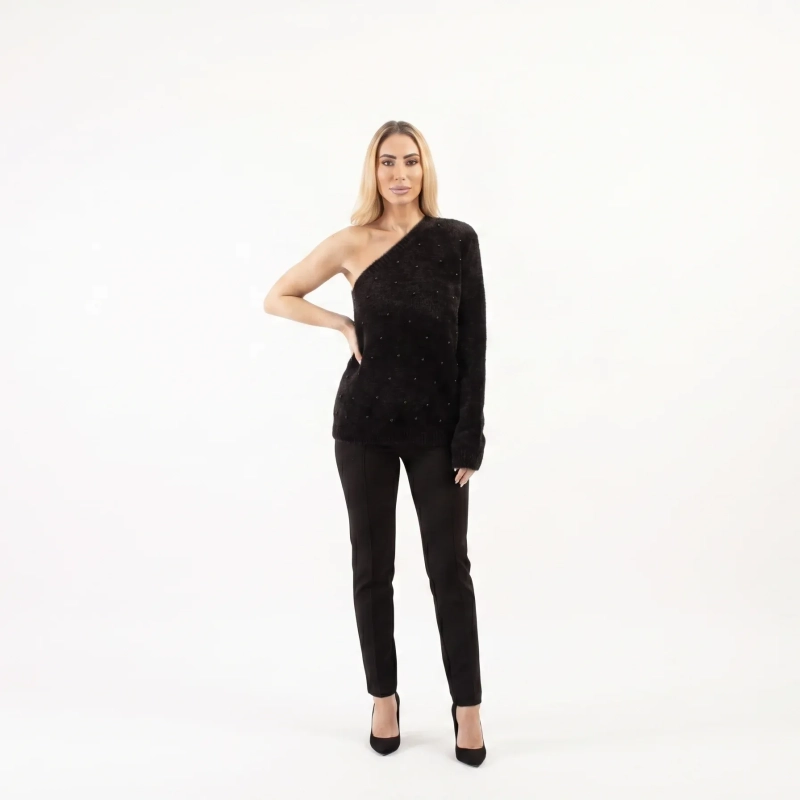 The Noir One-Shoulder Knit Shirt - Subtle Shimmer - Black