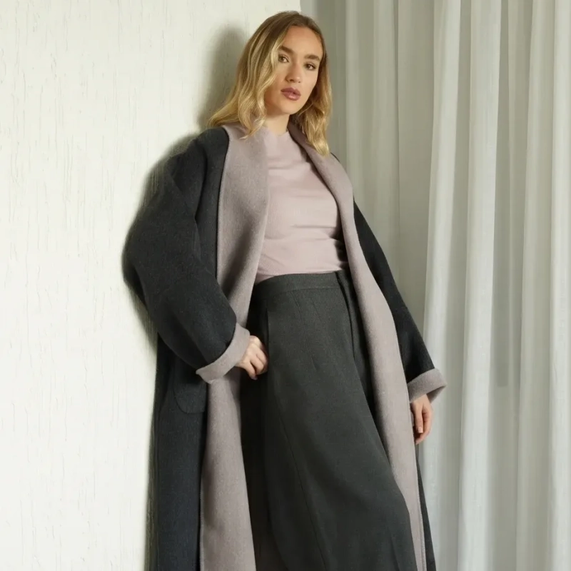 Women's Contrast Wool Coat with belt - Elegant Seasonal Wear - Grey/Puple Line