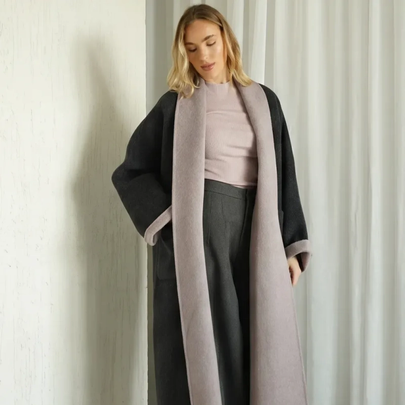 Women's Contrast Wool Coat with belt - Elegant Seasonal Wear - Grey/Puple Line