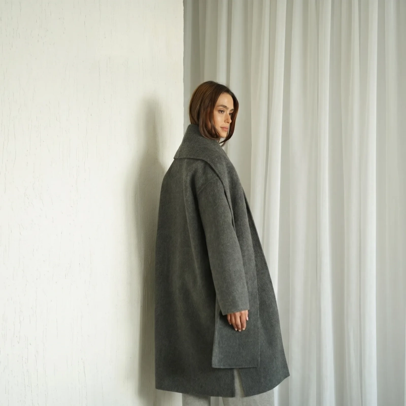 Women's Wool Scarf Coat - Elegant Seasonal Wear - Dark Grey