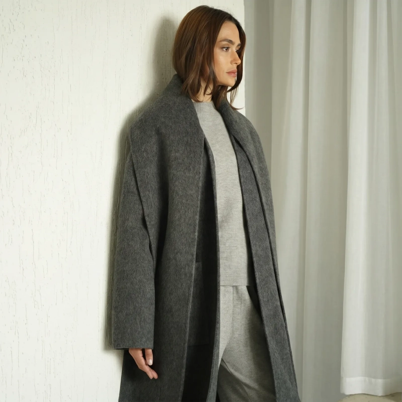 Women's Wool Scarf Coat - Elegant Seasonal Wear - Dark Grey