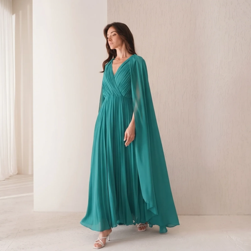 Women's Pleated Elegant Maxi Dress - Timeless Modern Grace Evening Wear - Green