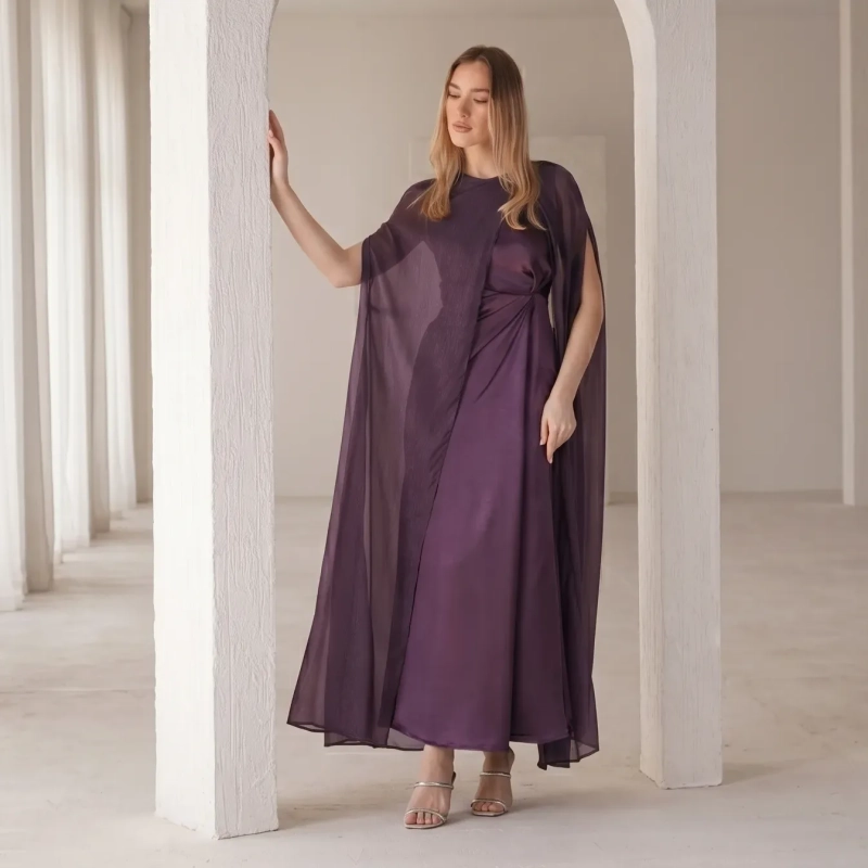 Women's Shoulder Scarf Maxi Dress - Elegant Evening Wear - Purple