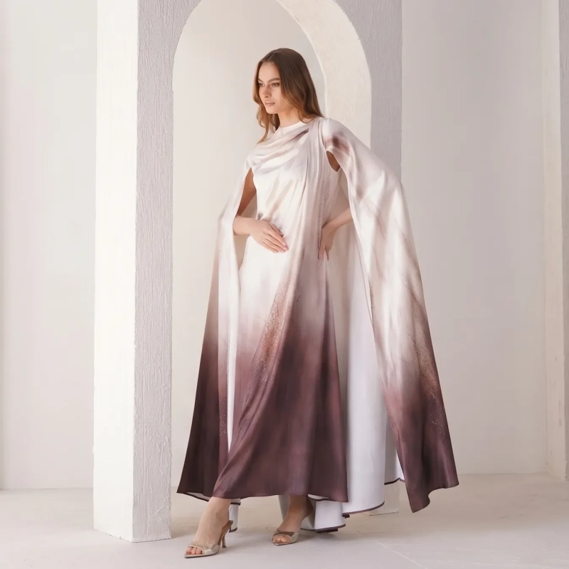 Women's Ombr&eacute; Flowing Maxi Dress - Elegant Gradient Evening Wear - Cream &amp; Brown