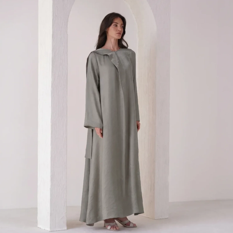 Women's Scarf Attached Maxi Dress - Minimalist Regal Evening Wear - Grey
