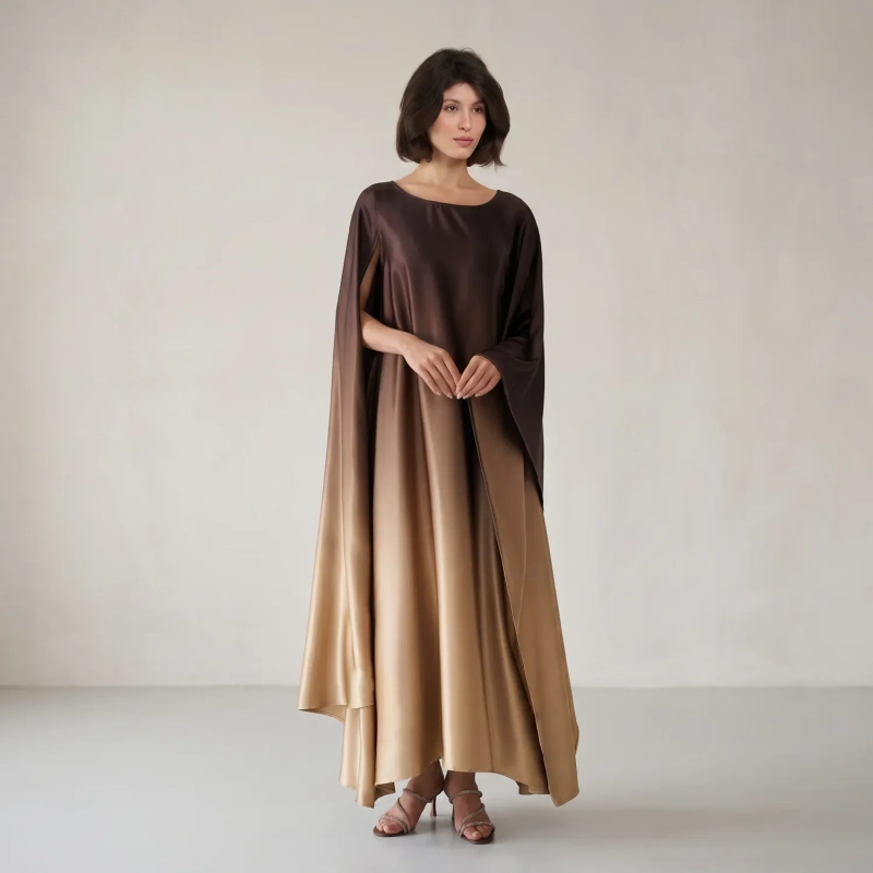 Women's Ombr&eacute; Asymmetric Maxi Dress - Elegant Gradient Evening Wear - Dark Brown