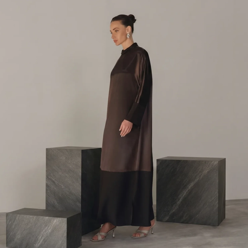 Women's Regular A-Line Silhouette Long Sleeves Dress With Statement Brooch &mdash; Daytime Socials, Luxury Resort Lounging &amp; Summer Escapes &mdash; Brown