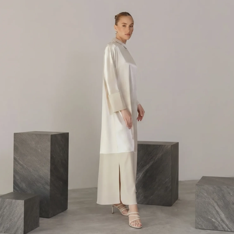 Women's Regular A-Line Silhouette Long Sleeves Dress With Statement Brooch &mdash; Daytime Socials, Luxury Resort Lounging &amp; Summer Escapes &mdash; Cream