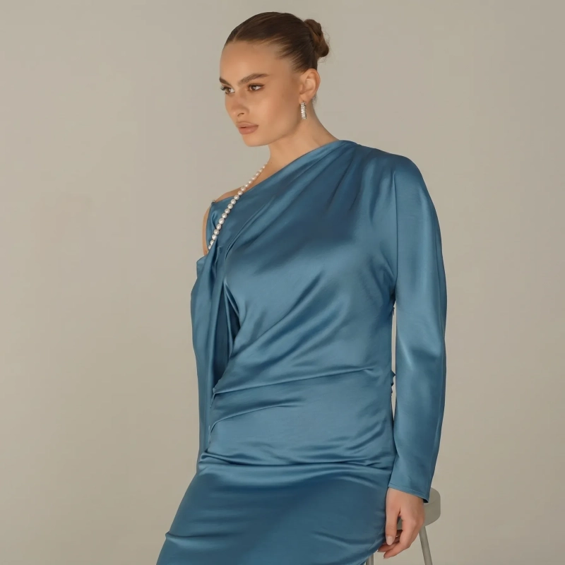 Women's Premium Silk Styling Dress &mdash; Long-Sleeve Asymmetrical Fluid Drape Dress &mdash; Daytime Socials, Luxury Resort Lounging &amp; Summer Escapes &mdash; Steel Blue