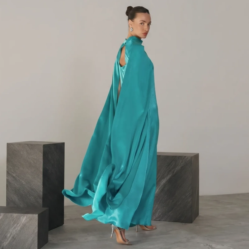 Women's Regular Flowing Cape Sleeves Silhouette Dress  - For Upscale Evening Socials, Beachfront Galas, Or Elite Resort Dining - Turquoise