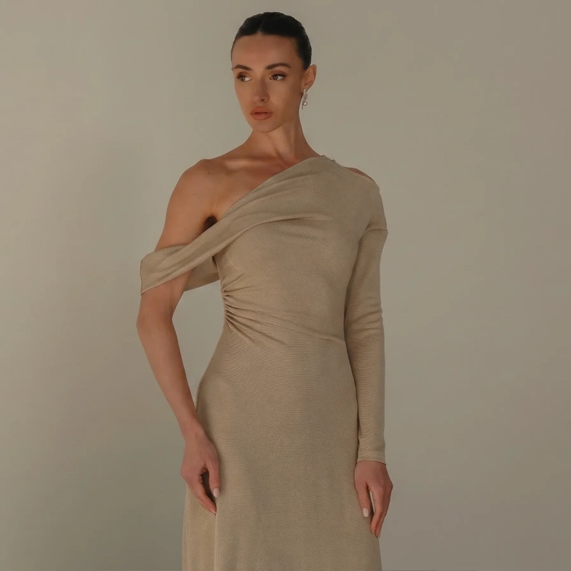 Women's Asymmetrical Maxi Dress - Sleeveless With One Long Sleeve Adorned With A Distinctive Brooch - Suitable For Daytime Social Occasions, Luxurious Resort Wear, And Sunset Evenings - Beige