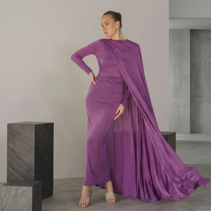 Women's Regular Flowing Cape Maxi Silhouette Dress - Integrated Cape Elegant Wear - For Upscale Evening Socials, Beachfront Galas, Or Elite Resort Dining - Purple