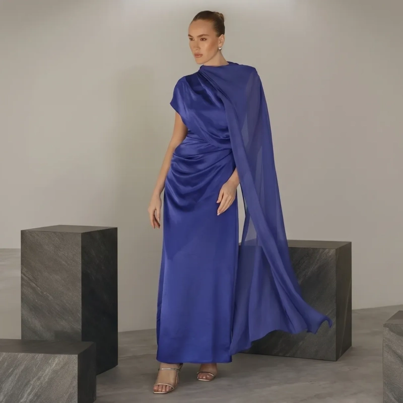 Women's Premium Evening Gown &mdash; Integrated Side Scarf Draped Maxi Dress &mdash; Daytime Socials, Luxury Resort Wear &amp; Sunset Soir&eacute;es &mdash; Royal Blue