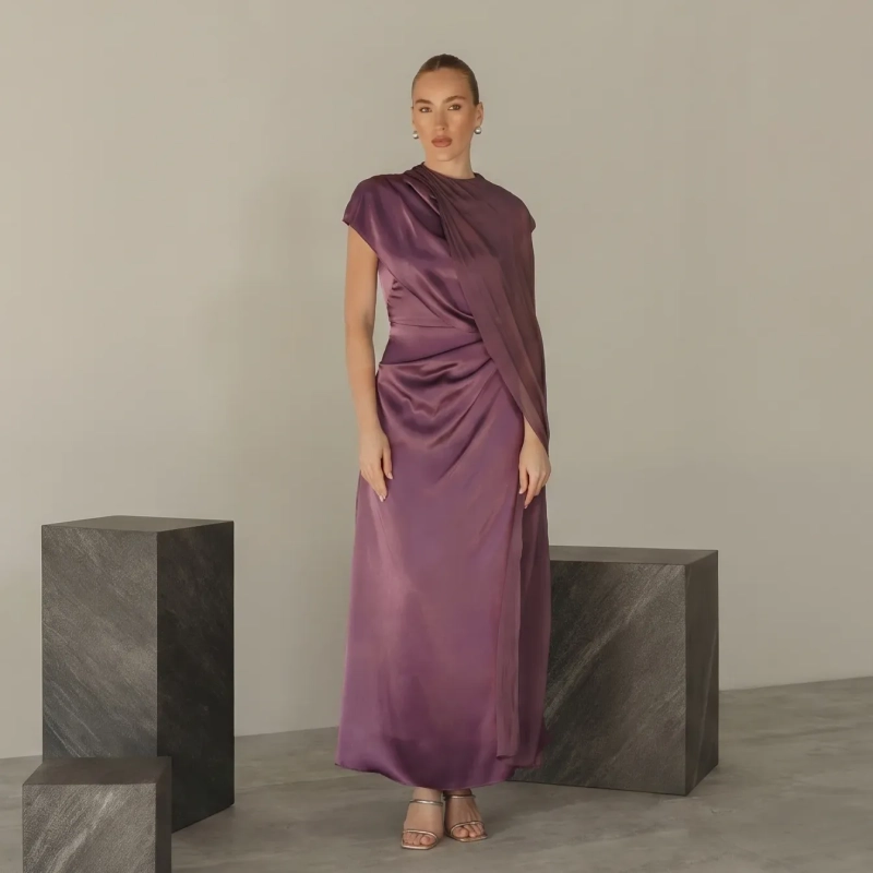 Women's Premium Evening Gown &mdash; Integrated Side Scarf Draped Maxi Dress &mdash; Daytime Socials, Luxury Resort Wear &amp; Sunset Soir&eacute;es &mdash; Plum Purple
