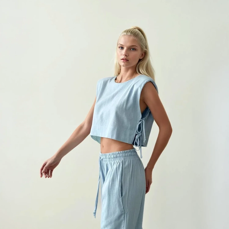 طقم نسائي أنيق وعصري من قطعتين - أناقة صيفية منعشة - أزرق بودري