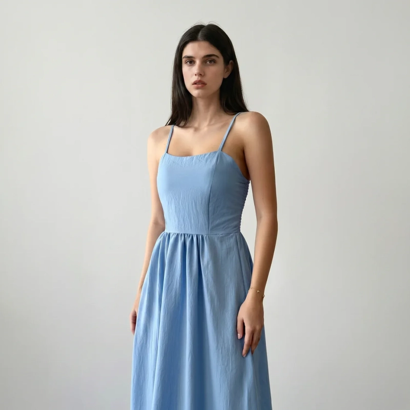 Women's Regular Casual Chic Midi Dress - Summer Spaghetti Straps and Ruffle Hem - Powder Blue